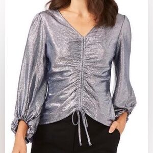 MSK METALLIC SHIMMER GLITER BLOUSE BISHOP SLEEVE WOMENS V-NECK SILVER SIZE 2X